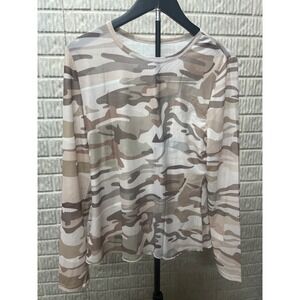 Tan Camouflage Mesh Long Sleeve Top Sheer Crew Neck Camo Shirt XL